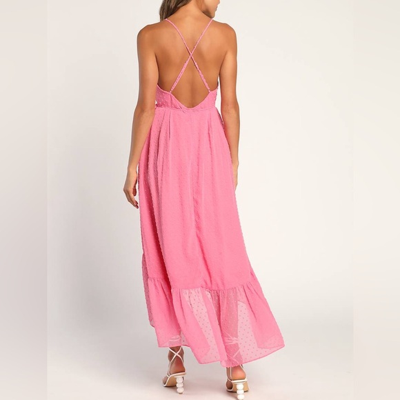 Lulus Bubblegum Pink Swiss Dot Effortlessly Easy High-Low Midi Wrap Dress XS - Picture 7 of 12